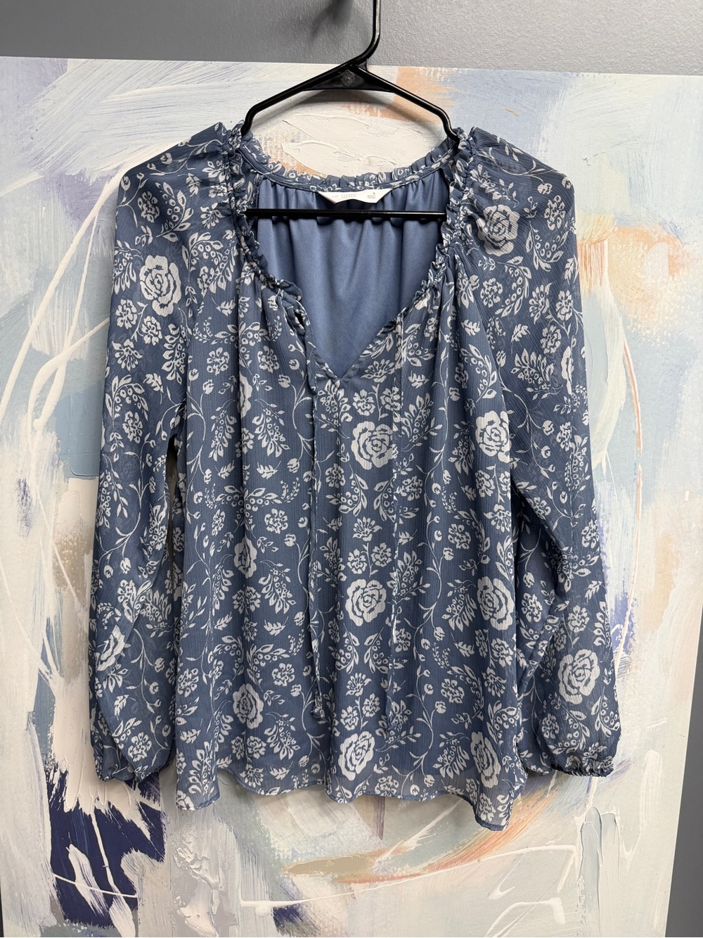 LC Lauren Conrad Blue Floral Ruffle V Neck Blouse Long Sleeve Boho S